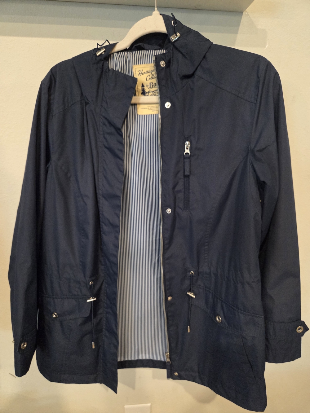 Bass Navy Hooded Raincoat with Striped Lining